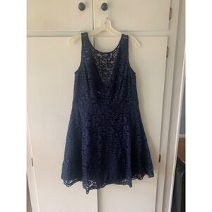 David's Bridal Lace Party Dress High Neck‎ Marine Blue Sleeveless Size 14